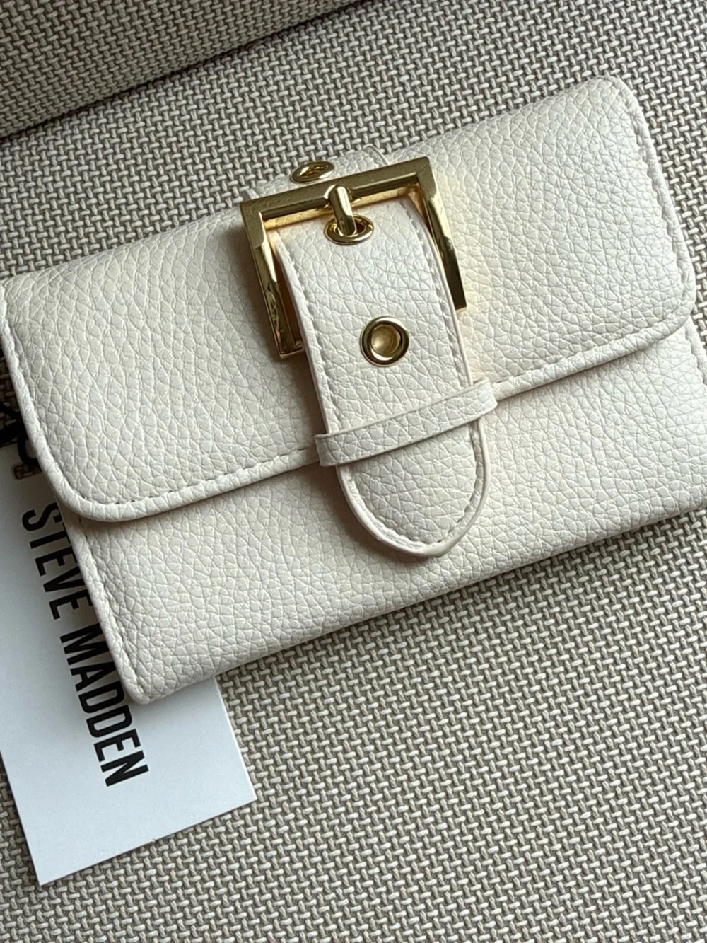 Steve Madden Cream Textured Leather Wallet with Gold Buckle